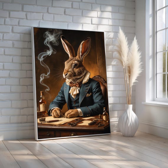 Victorian Rabbit Gentleman Art Whimsical Animal Portrait Print Funny Steampunk Wall Decor Office Gift For Him Ready To Hang
