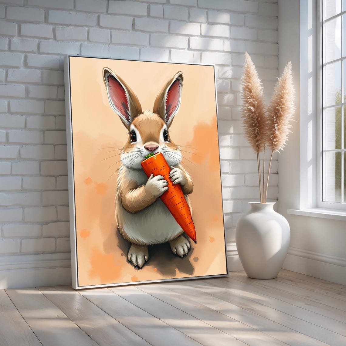 Cute Bunny Holding A Big Carrot Whimsical Nursery Animal Wall Art