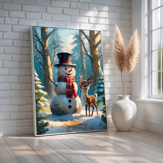 Snowman And Baby Deer Winter Wall Art Whimsical Christmas Scene Canvas Kids Holiday Decor Or Nursery Ready To Hang