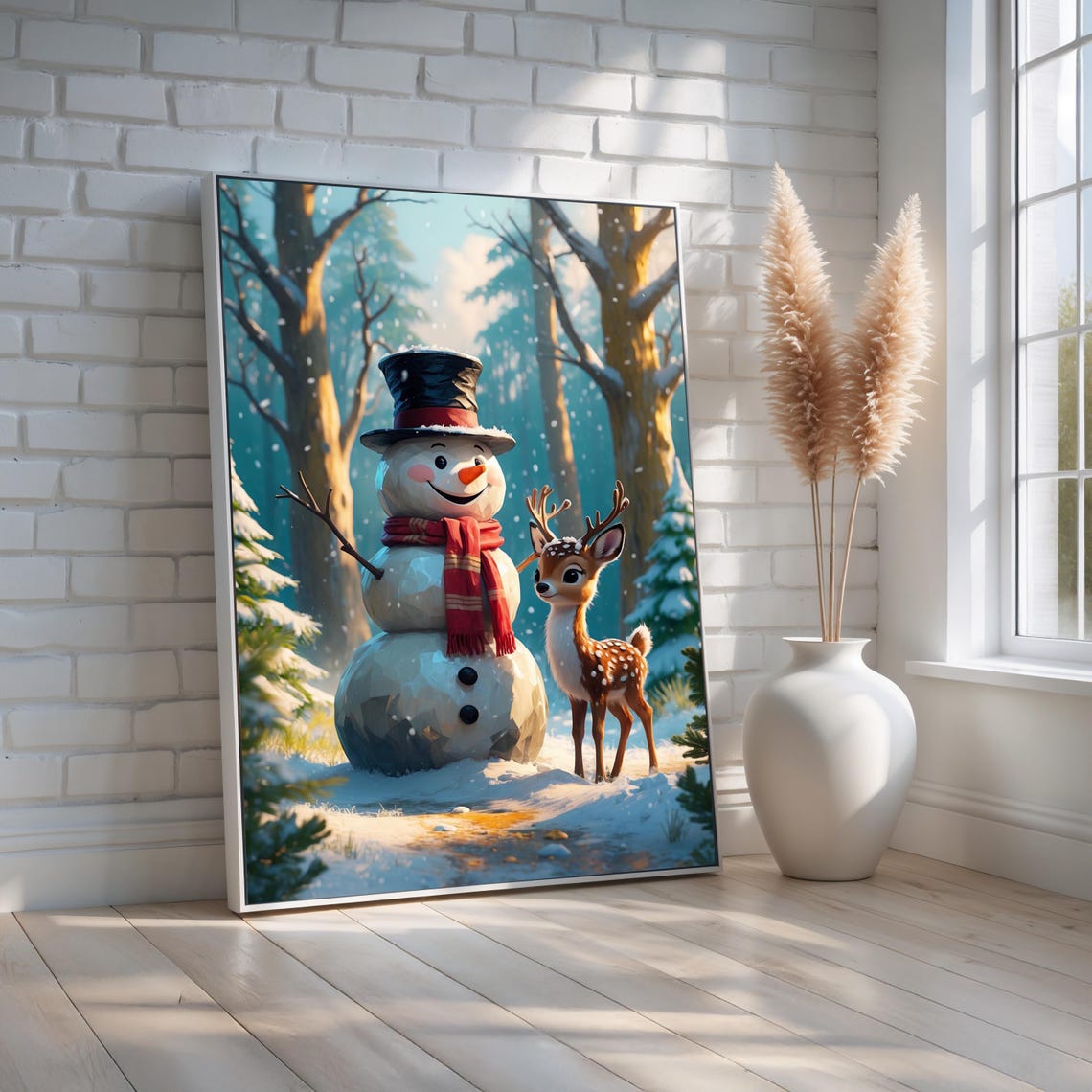 Snowman and Baby Deer Whimsical Winter Forest Christmas Wall Art
