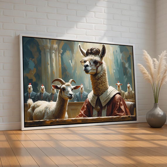 Funny Animal Courtroom Wall Art Llama Judge Chicken Jury Poster Whimsical Farm Humor Decor For Office Or Gift Ready To Hang