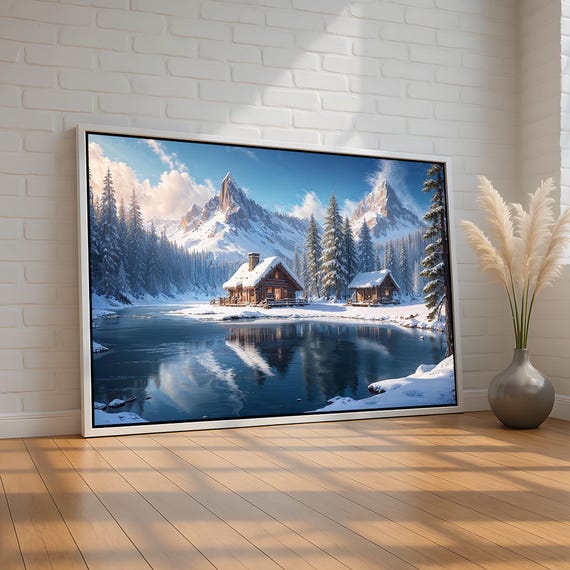 Winter Cabin In Snowy Mountains Canvas Wall Art Cozy Log By Frozen Lake Rustic Holiday Landscape Print Ready To Hang