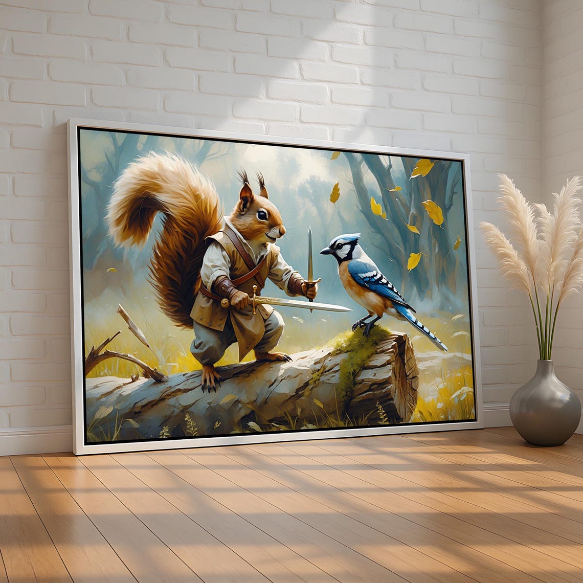 Squirrel Knight Sword Duel Blue Jay Whimsical Fantasy Woodland Poster