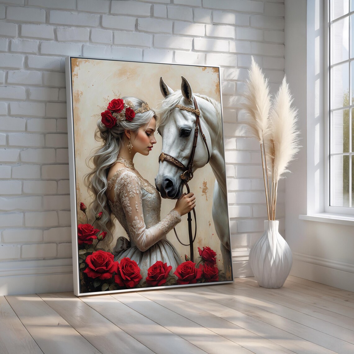 Elegant Woman With White Horse Among Red Roses Romantic Portrait Print