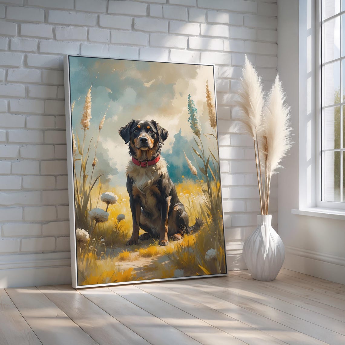 Black Tan Dog Meadow Flowers Painterly Pet Portrait Wall Art