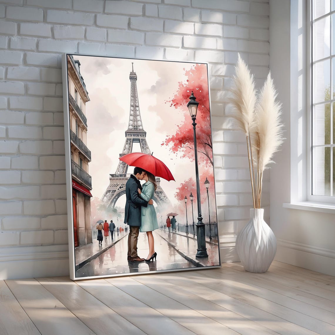 Paris Couple Red Umbrella Kiss Eiffel Tower Rainy Day Romance Poster