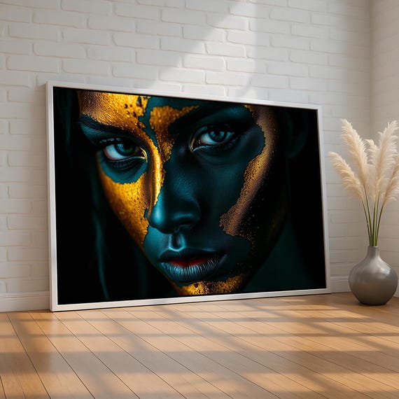 Bold Abstract Face Art Black And Gold Female Portrait Canvas Edgy Glam Wall Decor For Bedroom Or Studio Ready To Hang