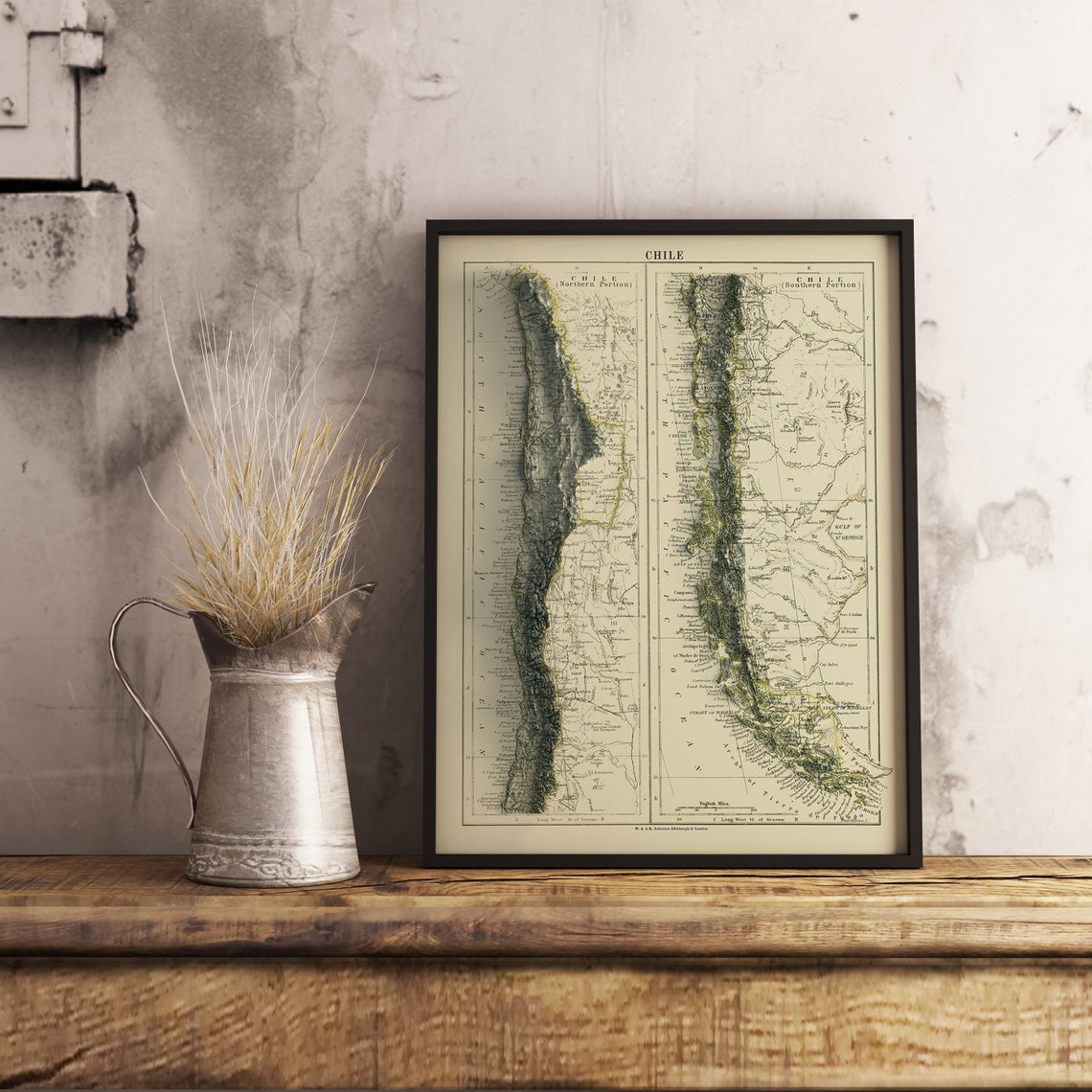 Chile 1892 Northern Southern Portion Vintage Relief Map Poster - Image 2