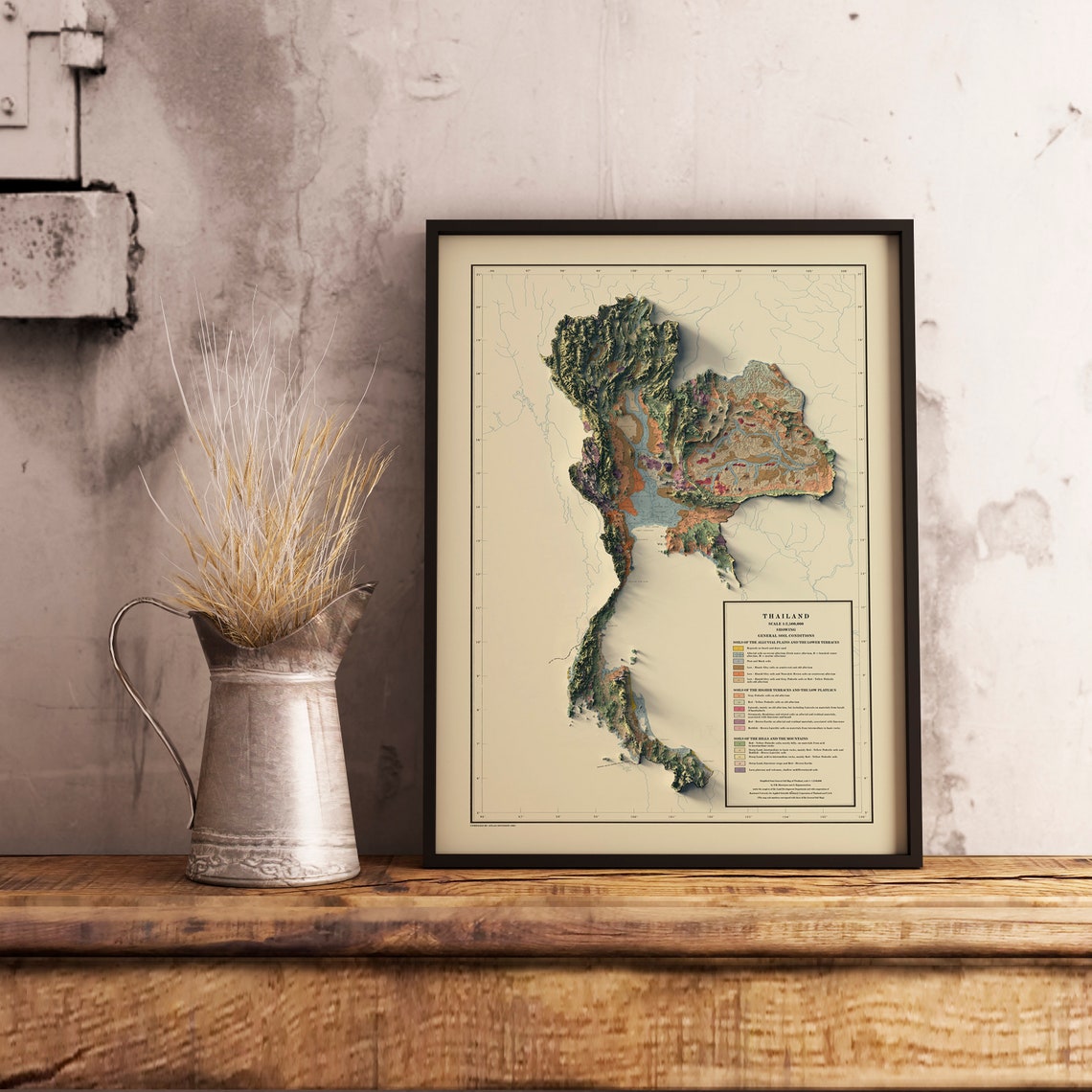 Thailand Relief Map Vintage Soil Terrain Cartography Print Decor - Image 3