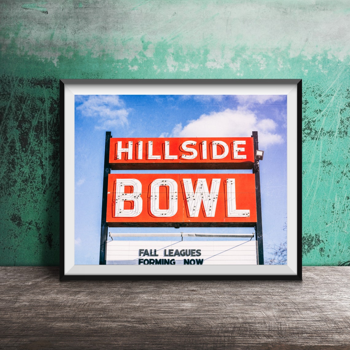 Hillside Bowl Vintage Bowling Alley Bright Orange Neon Sign Poster