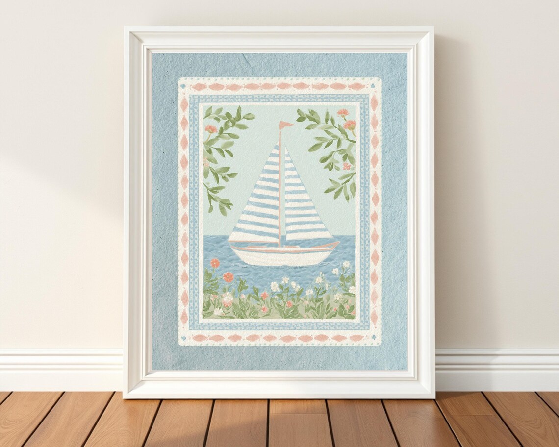 Vintage Sailboat With Striped Sails Preppy Coastal Nursery Poster