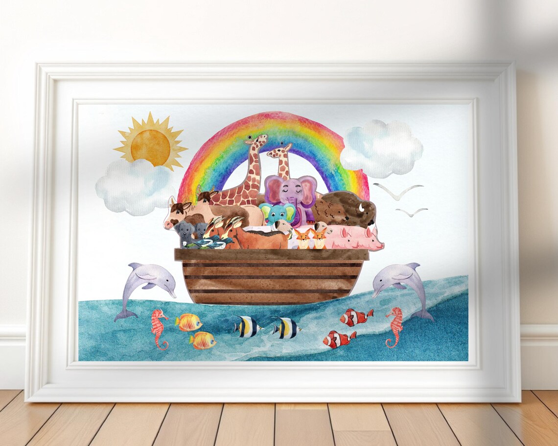 Noahs Ark Rainbow Animals Watercolor Nursery Kids Room Wall Art