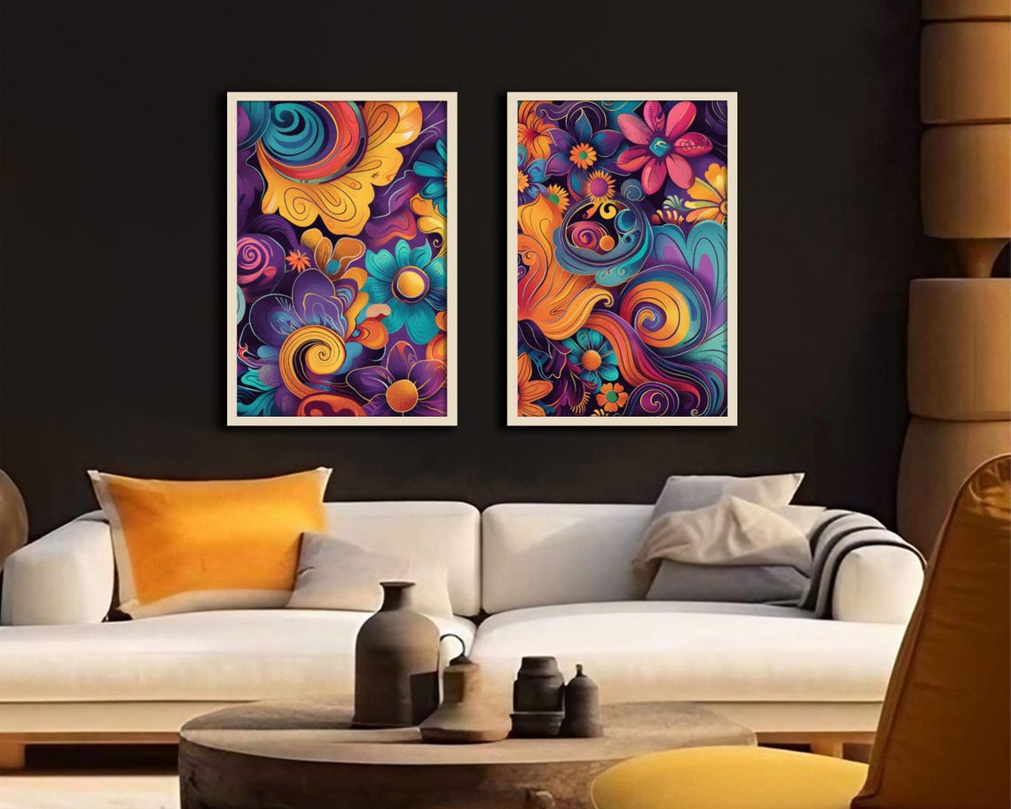 Abstract Retro Bold Floral Print Multi Color Cheerful Wall Art Bright Yellow Purple Teal And Orange Floral Poster Colorful Floral Art - Image 3