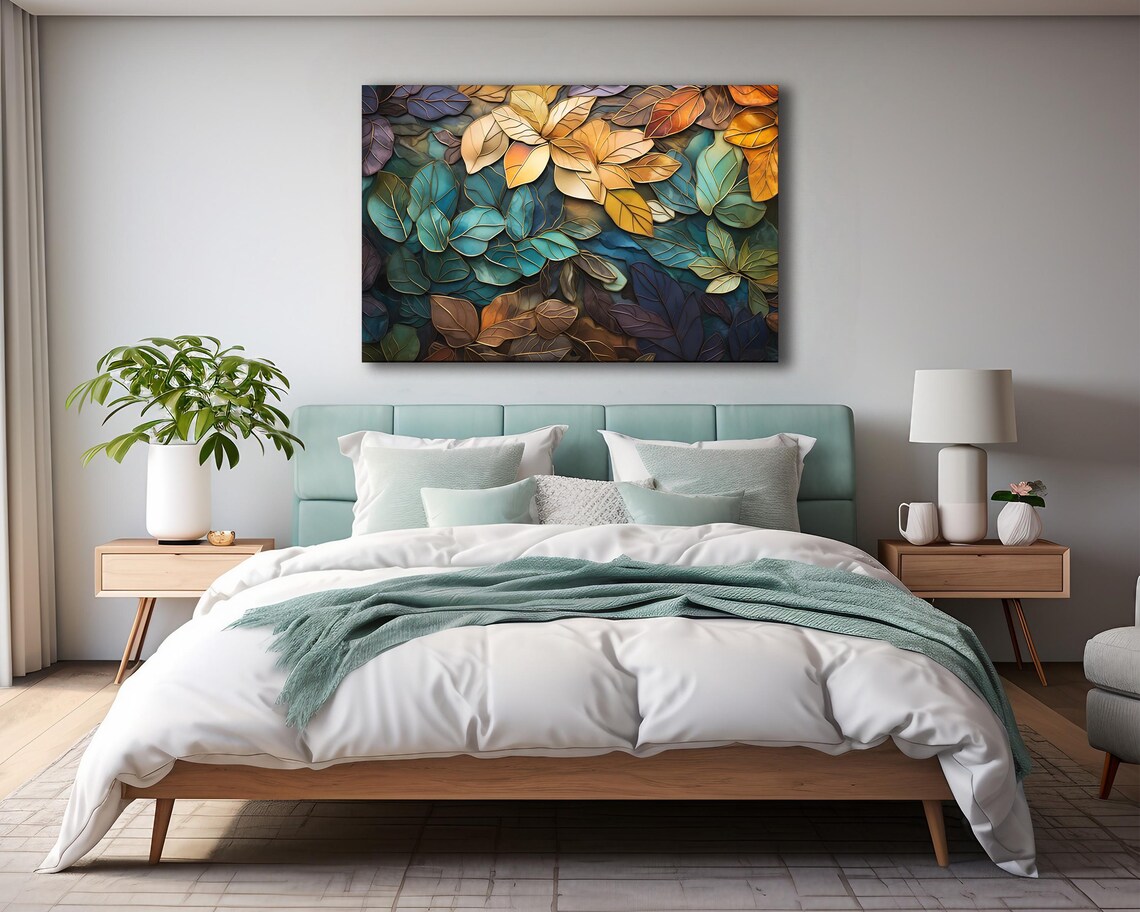 Abstract Leaf Art Print, Green Brown Gold Teal - Image 2