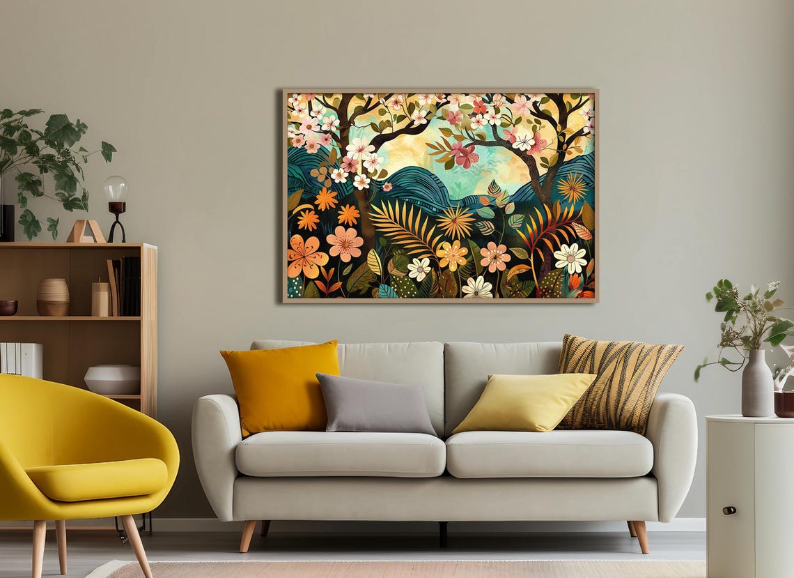 Whimsical Flower Forest Colorful Folk Art Blossom Trees Art Poster - Image 3