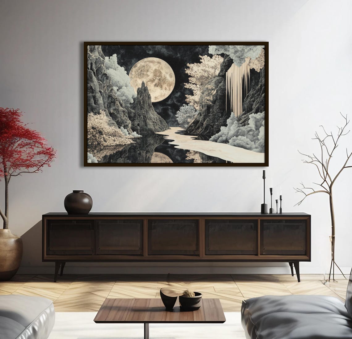 Full Moon Black Canyon Golden River Night Moody Landscape Poster - Image 2