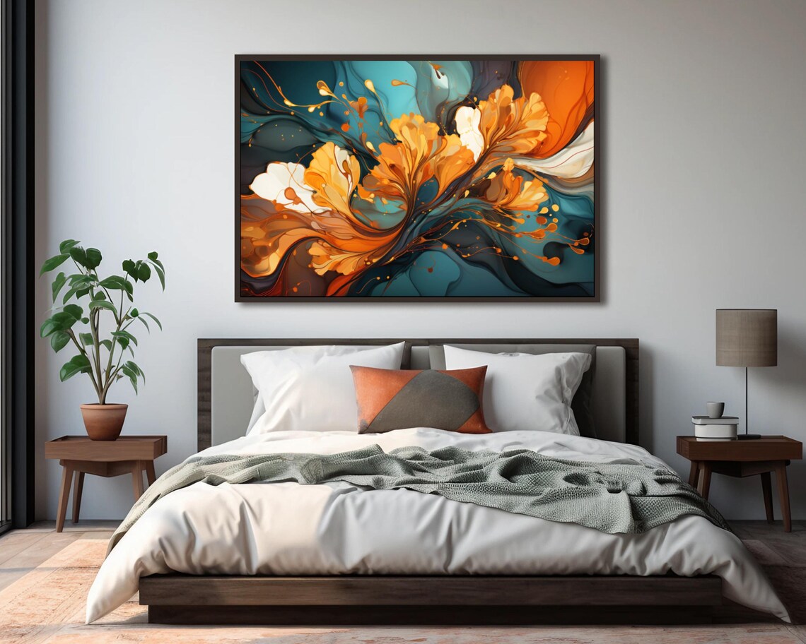 Teal, Orange, Beige and Gold Abstract Art Print - Image 3
