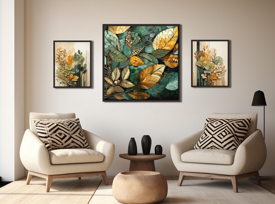 Stained Glass Teal Gold Mosaic Leaves Jewel Tone Botanical Poster - Image 2