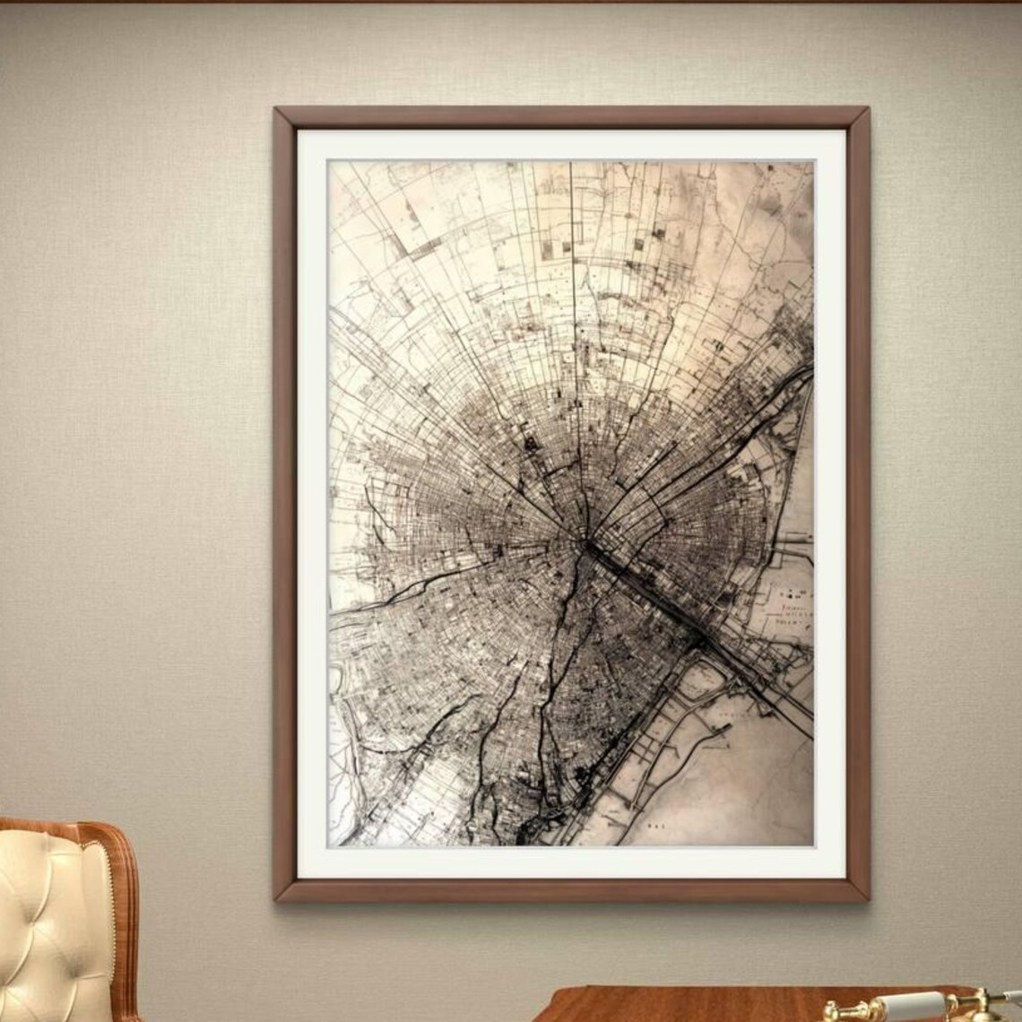 Vintage City Street Map Radial Grid Monochrome Urban Cartography Art Poster