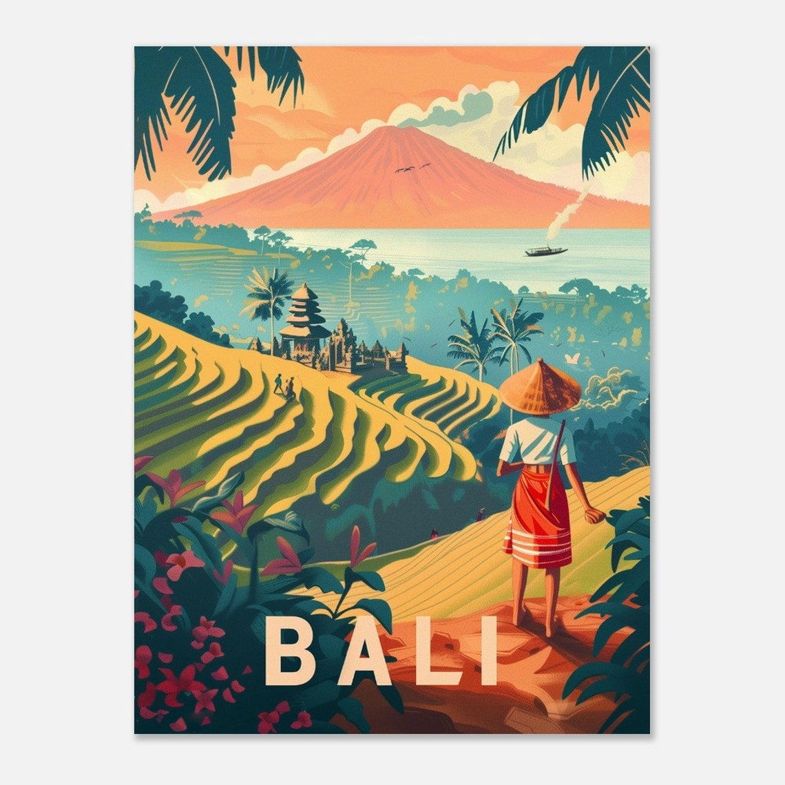 Bali Rice Terraces Volcano Local Farmer Retro Indonesia Travel Poster - Image 2