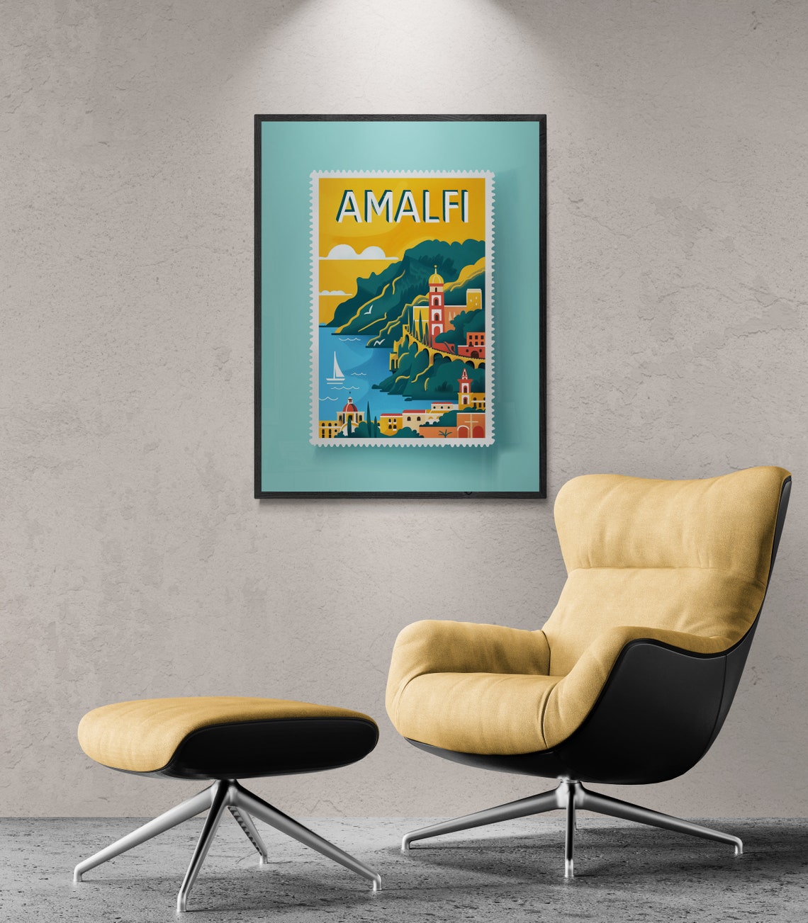 Amalfi Coast Cliffside Sailboat Sunset Teal Stamp Travel Poster - Image 5