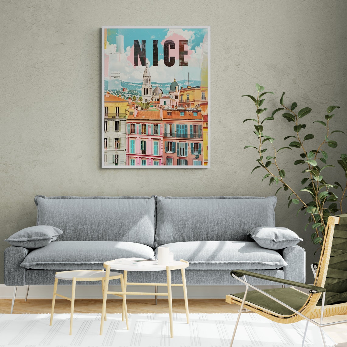 Nice Pastel Facades Bell Tower Collage Pink France Travel Poster - Image 4