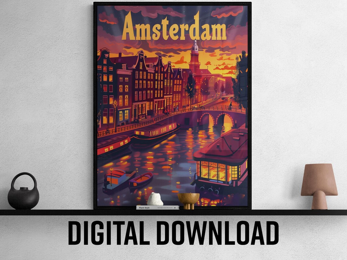 Amsterdam Netherlands Canal Houses and Houseboats Dusk Travel Poster