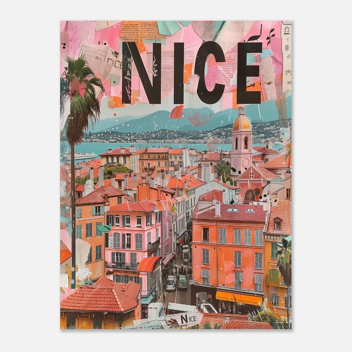 Nice Old Town Rooftops Palm Collage Pink Retro France Travel Poster - Image 2