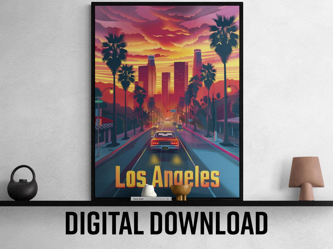 Los Angeles California Palm Boulevard Sunset Classic Car Travel Poster