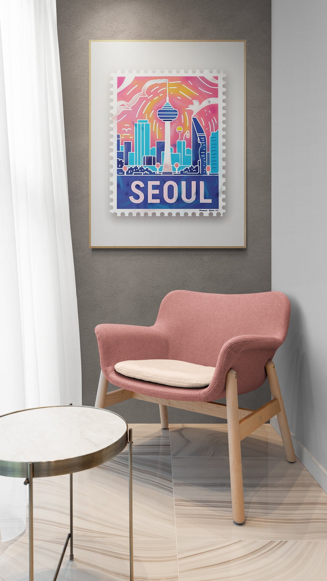 Seoul South Korea N Seoul Tower Skyline Sunset Stamp Travel Poster - Image 3