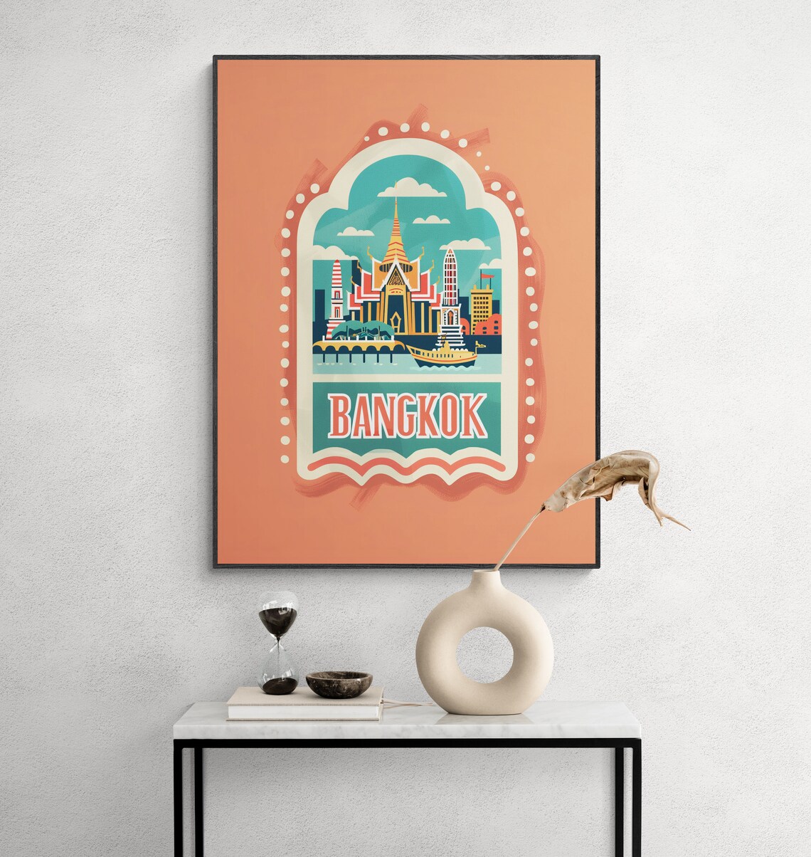 Bangkok Thailand Temple River Boat Vintage Arch Travel Poster - Image 4