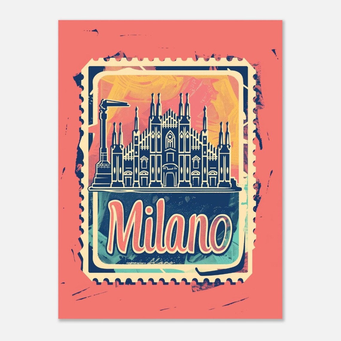 Milan Duomo Silhouette Pink Grunge Vintage Stamp Italy Travel Poster - Image 2