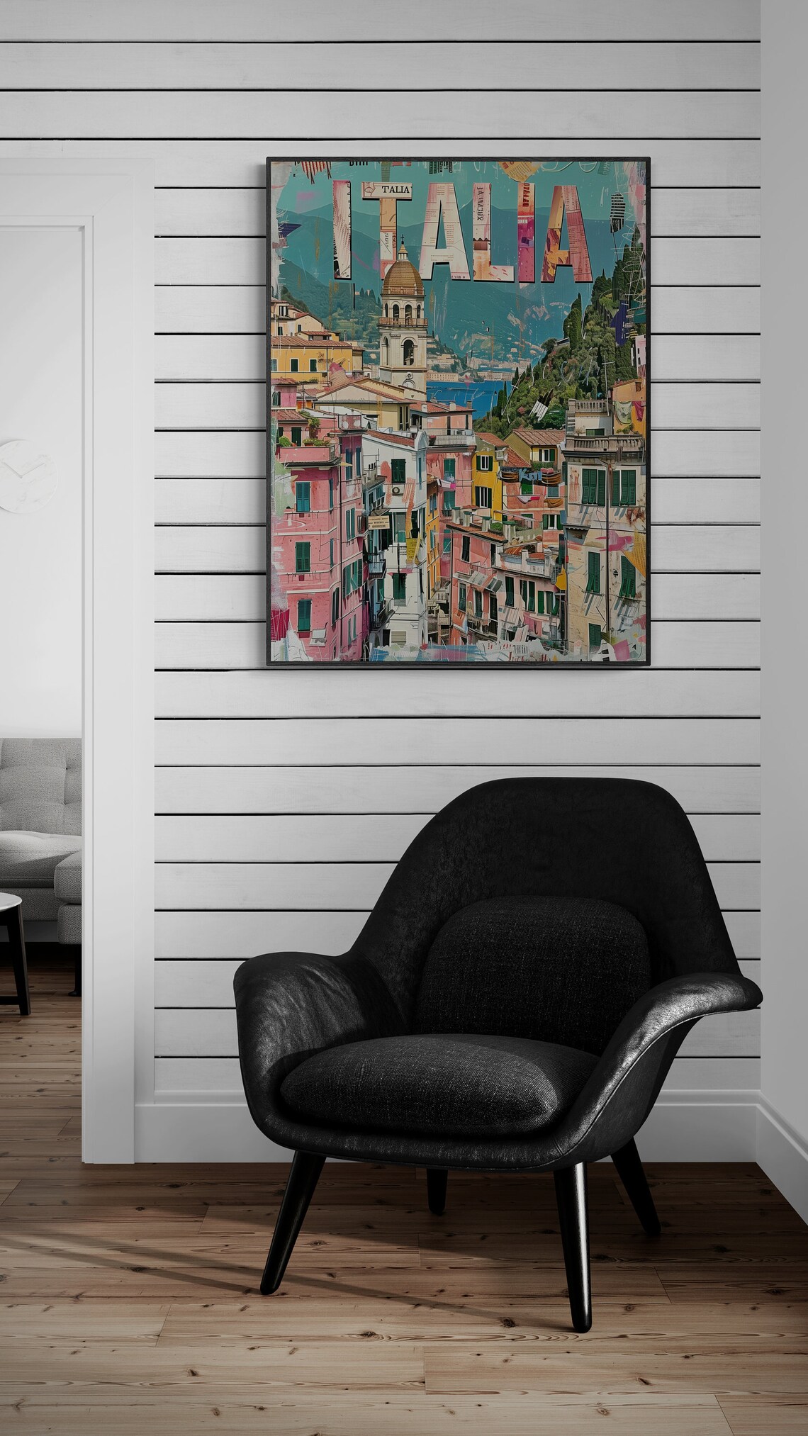 Italia Coastal Hill Town Church Tower Newsprint Letters Travel Poster - Image 4