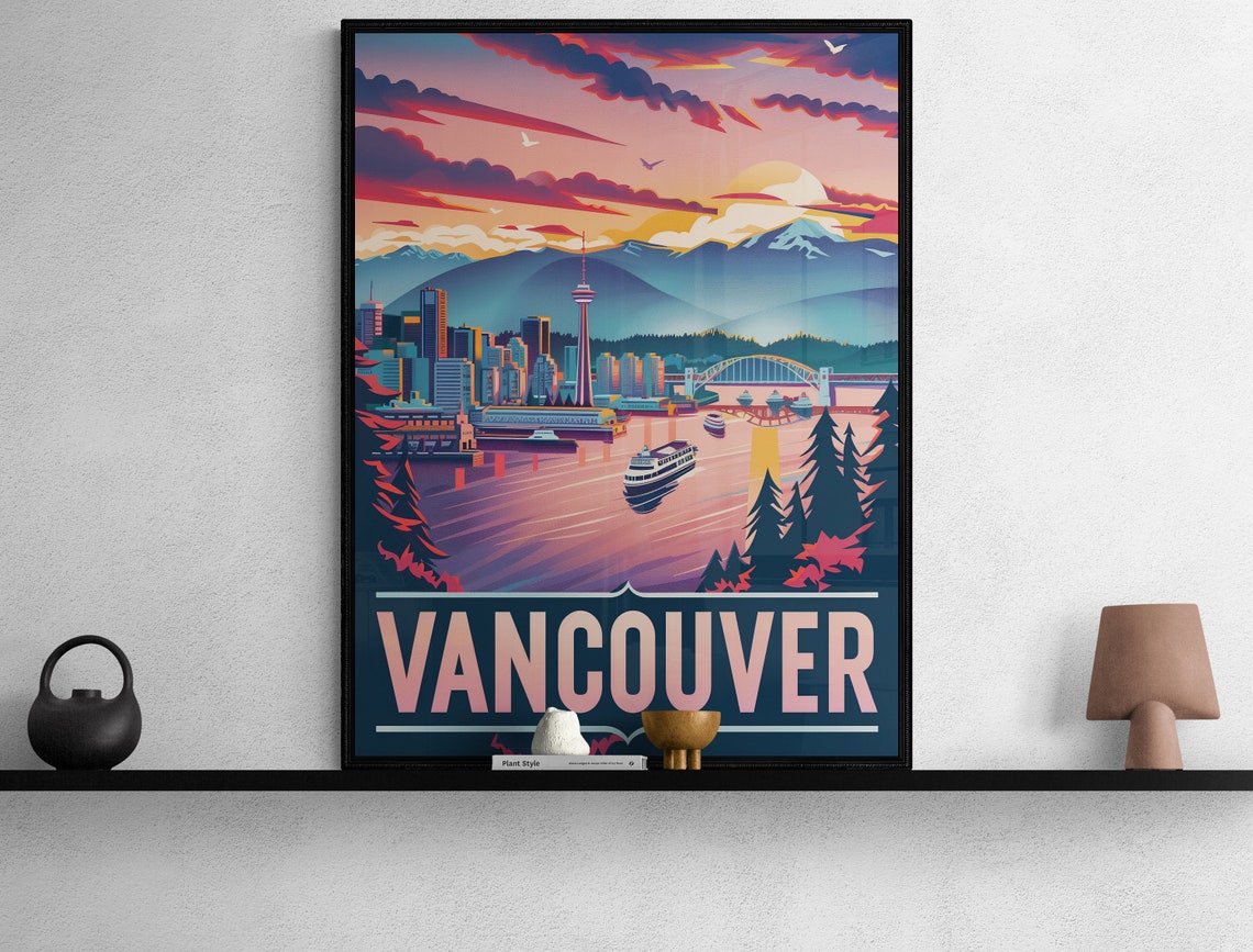 Vancouver Harbor Skyline Mountains Ferry Sunset Sky Travel Poster - Image 2