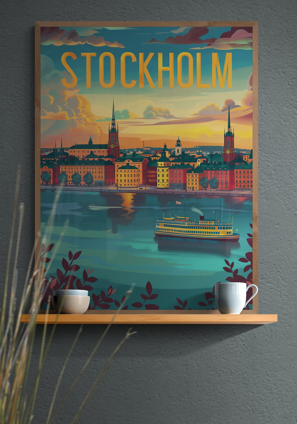 Stockholm Harbor Ferry and Old Town Sunset Vintage Travel Poster - Image 2