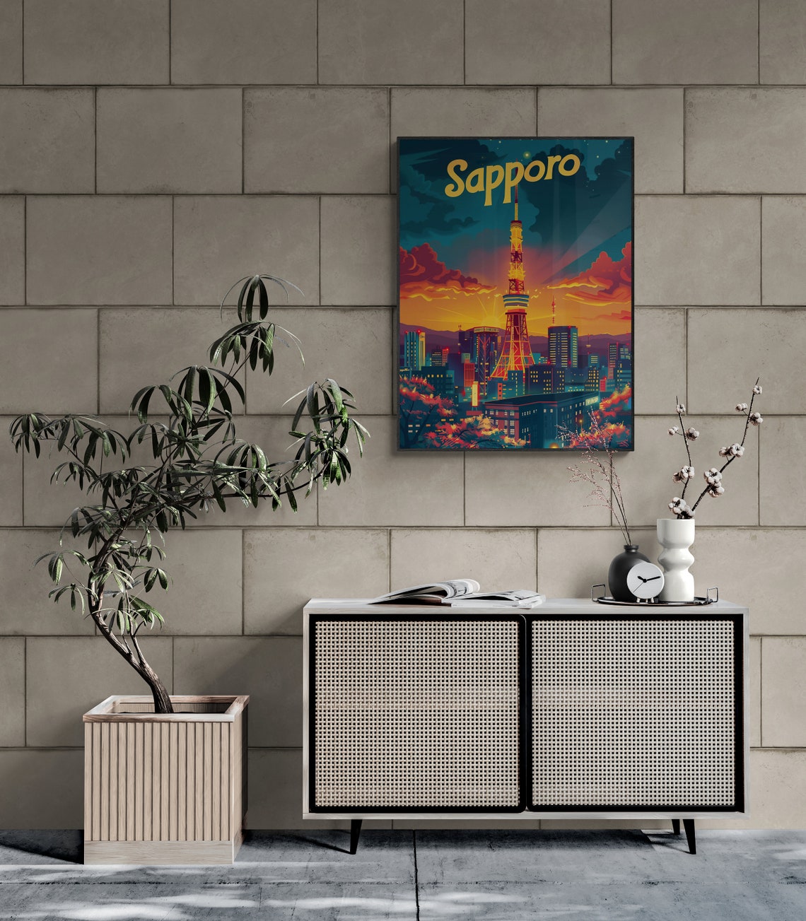 Sapporo TV Tower Sunset Cherry Blossom Vintage Hokkaido Japan Poster - Image 3