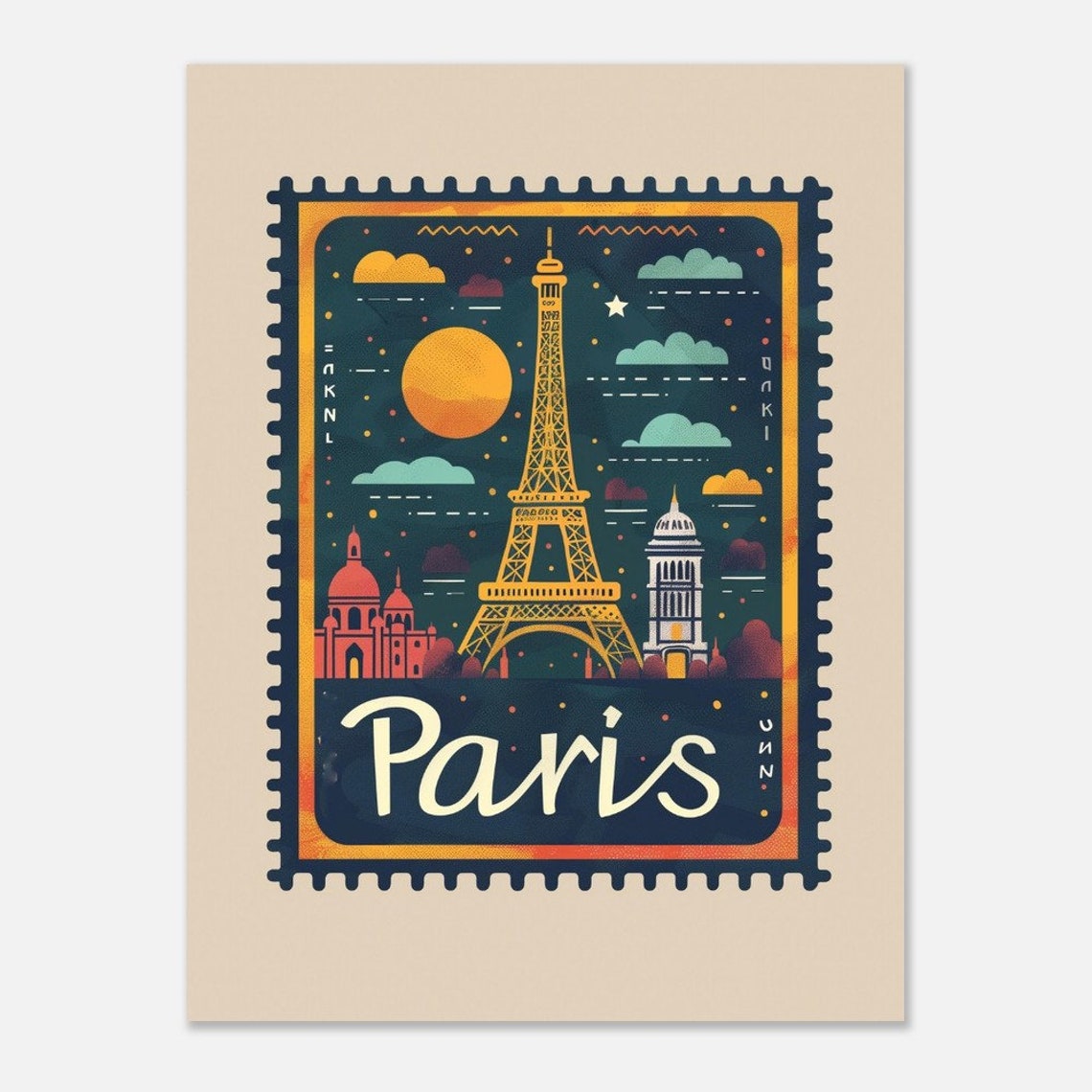 Paris Golden Eiffel Tower Night Sky Postage Stamp Style Travel Poster - Image 2