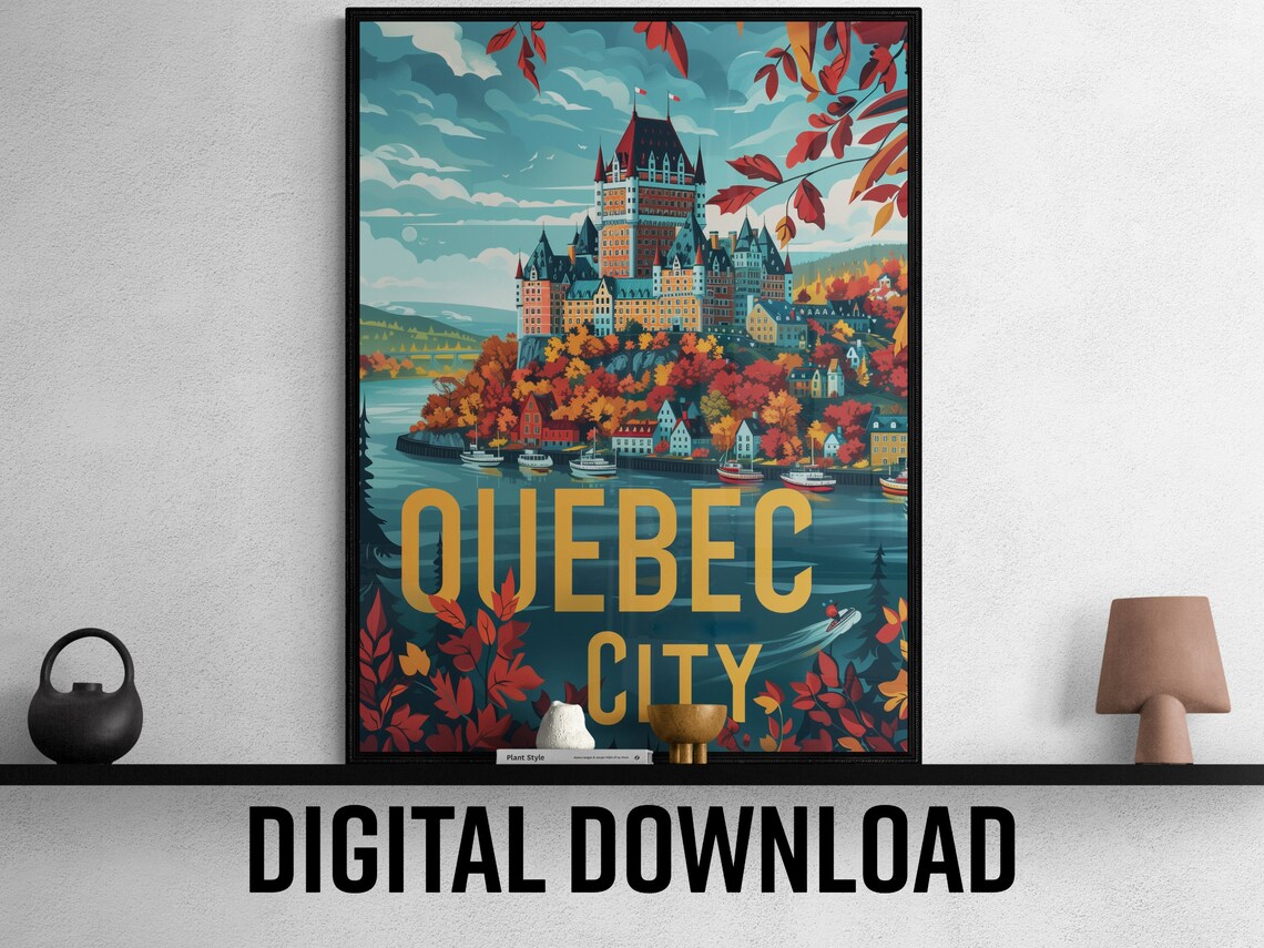 Quebec City Chateau Frontenac Autumn Leaves Harbor Boats Travel Poster - Image 2