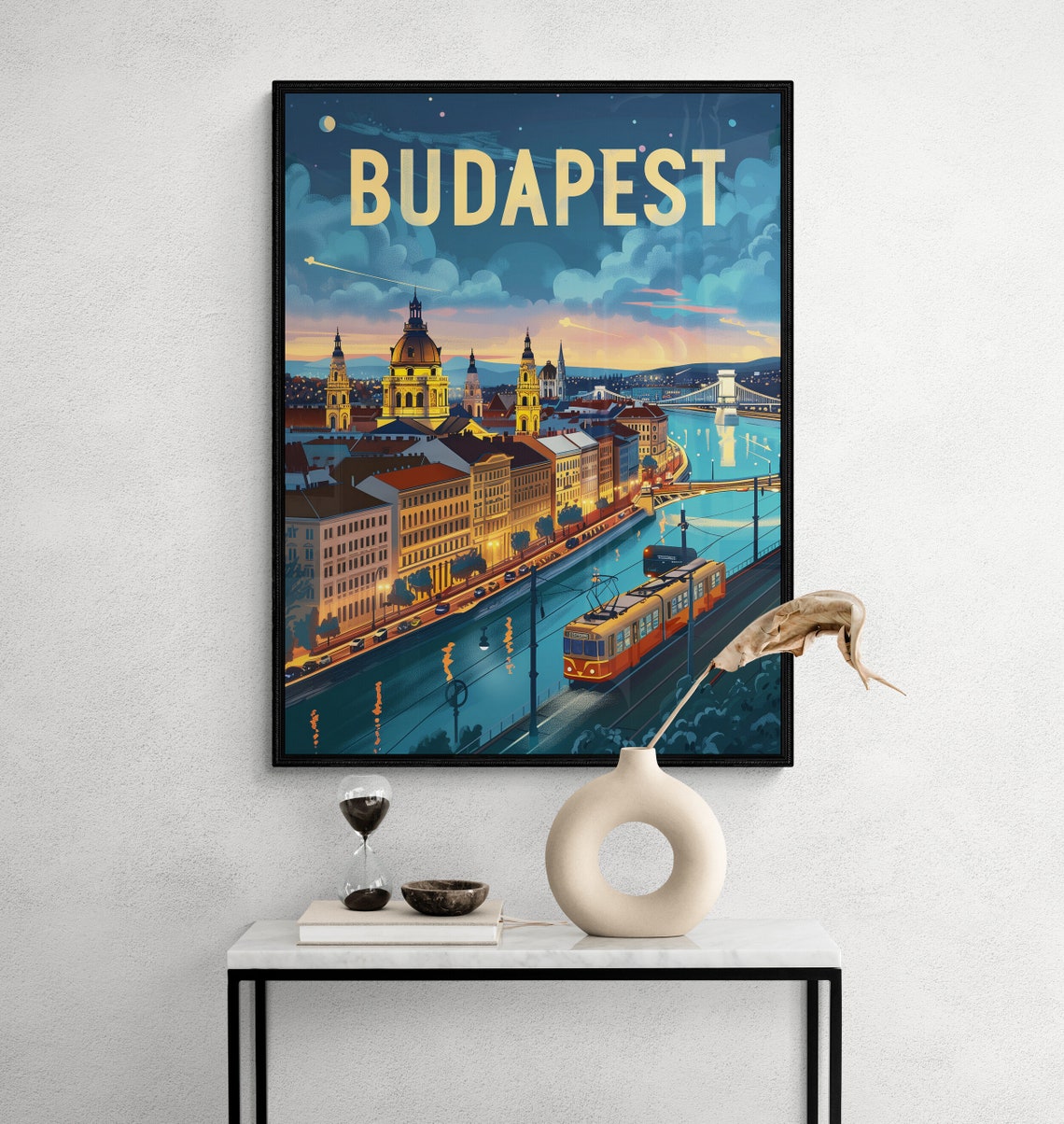 Budapest Glowing Danube Night Basilica Tram Bridge Travel Poster