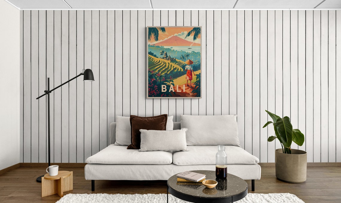 Bali Rice Terraces Volcano Local Farmer Retro Indonesia Travel Poster - Image 3
