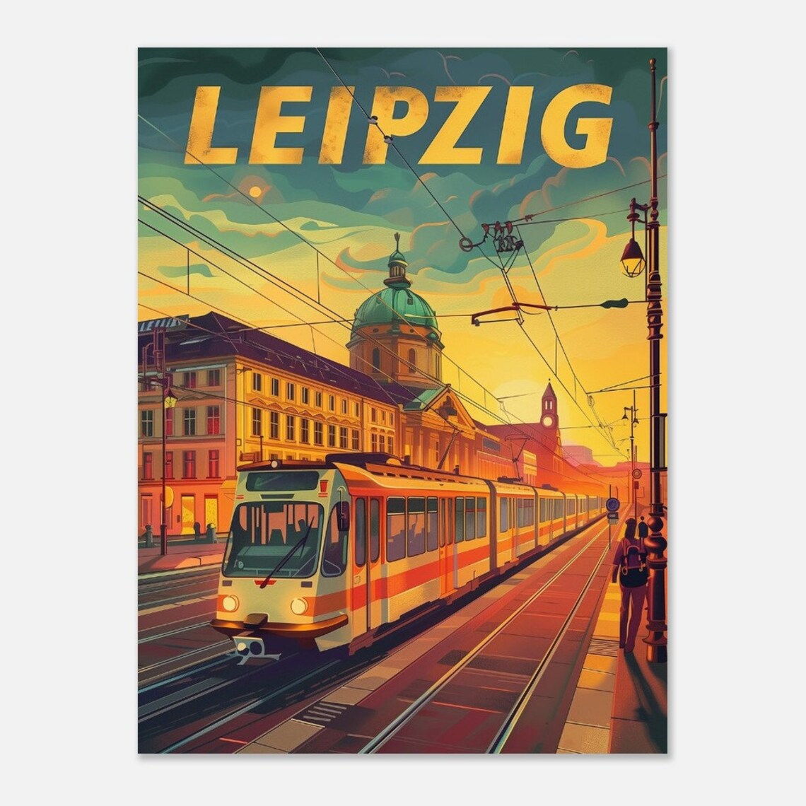 Leipzig Tram Street Historic Church Sunset Retro Travel Poster - Image 2