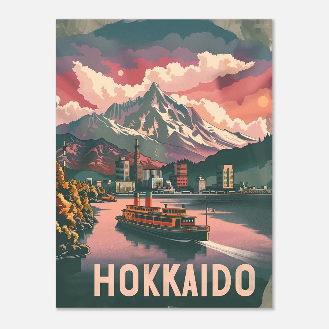 Hokkaido Japan Snowy Peak Lake Ferry Sunset Vintage Travel Poster - Image 2