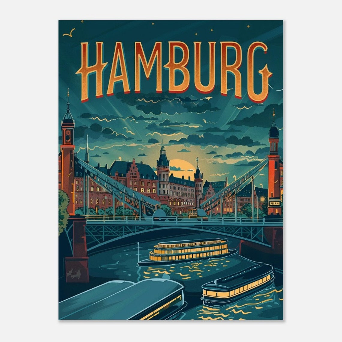 Hamburg Night Harbor Illuminated Boats Bridge Vintage Travel Poster - Image 2