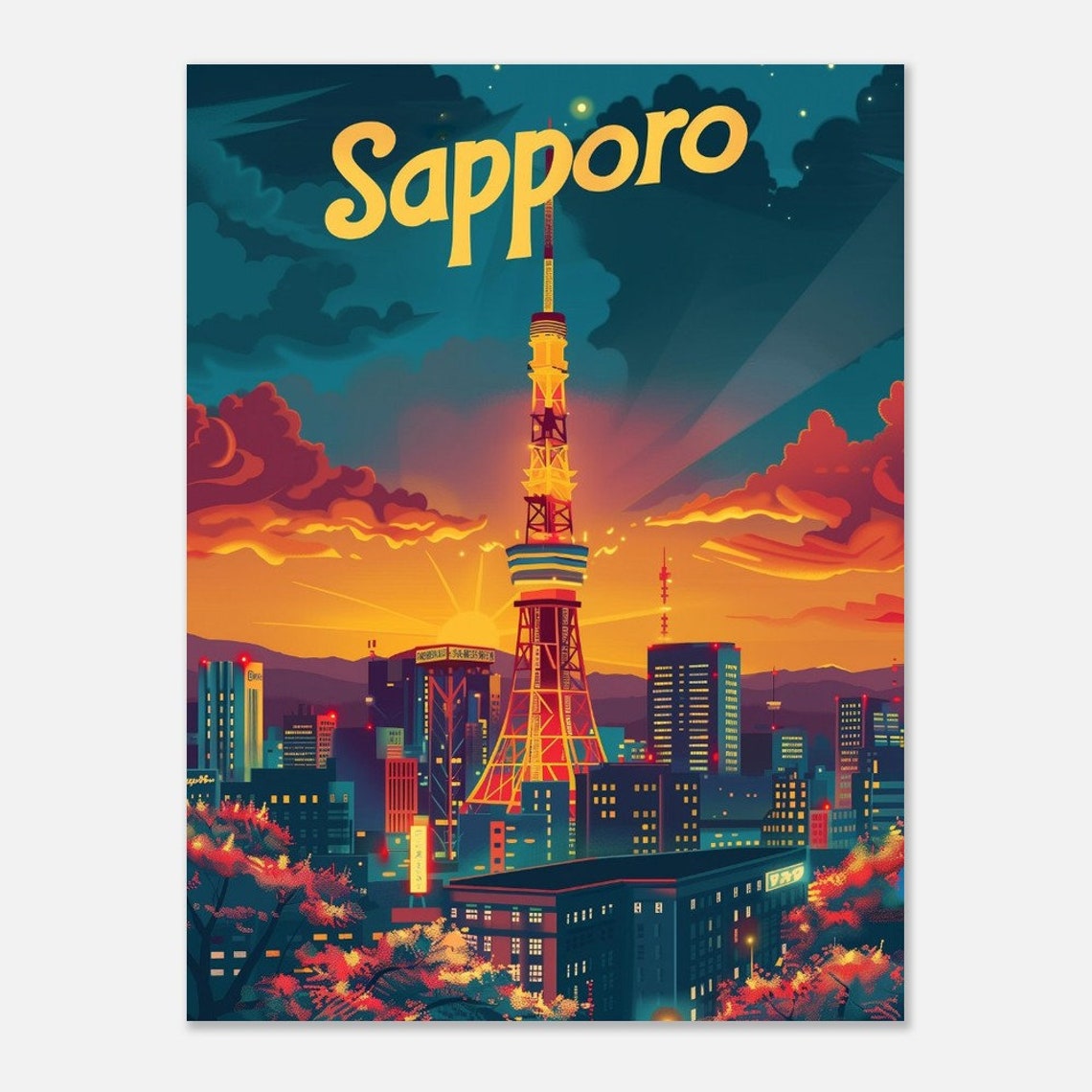 Sapporo TV Tower Sunset Cherry Blossom Vintage Hokkaido Japan Poster - Image 2