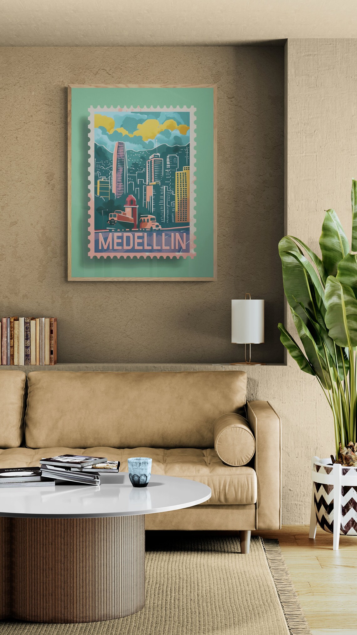Medellin Colombia Cable Car Skyline Vintage Stamp Art Travel Poster - Image 3