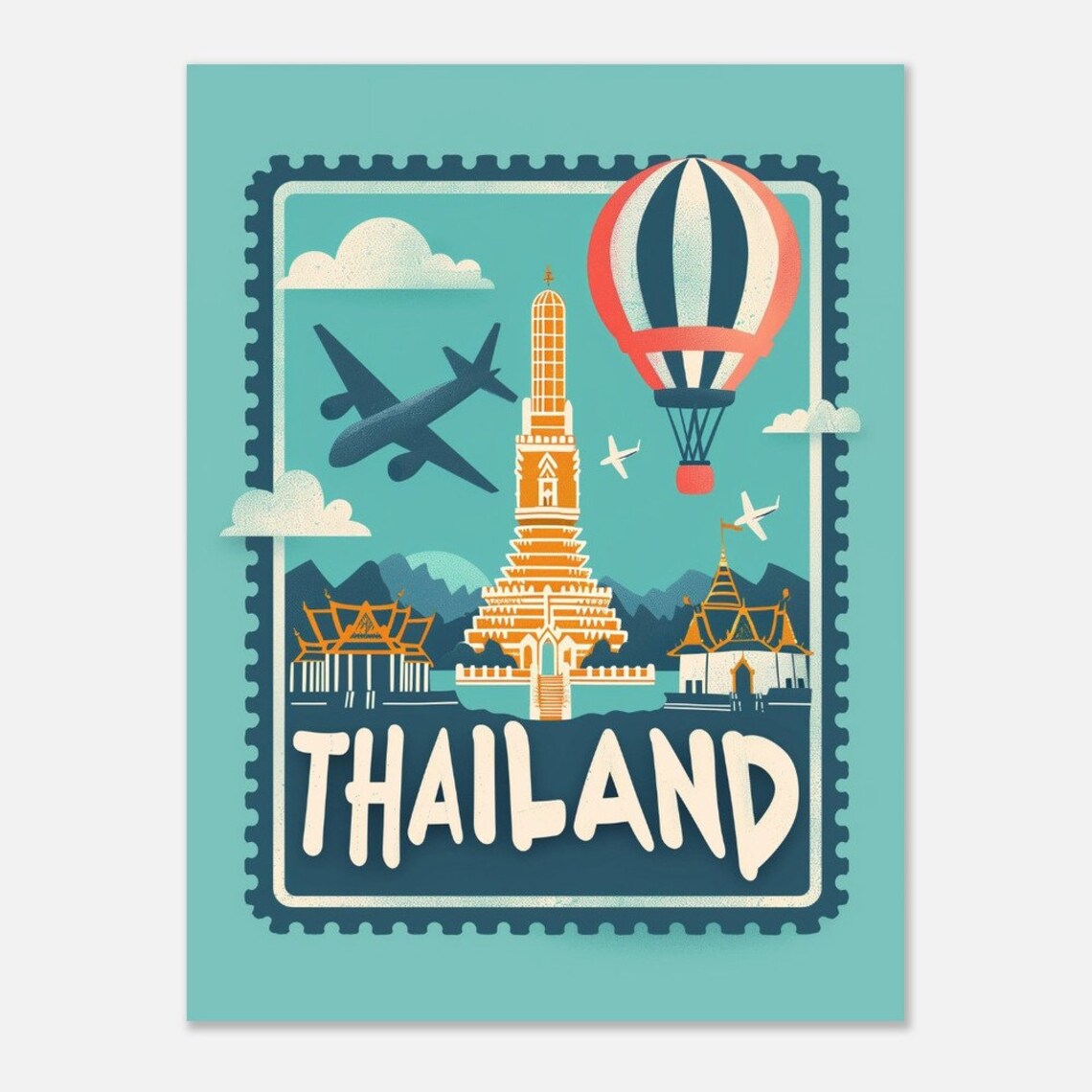 Thailand Temple Wat Arun Vintage Postage Stamp Travel Art Poster - Image 2