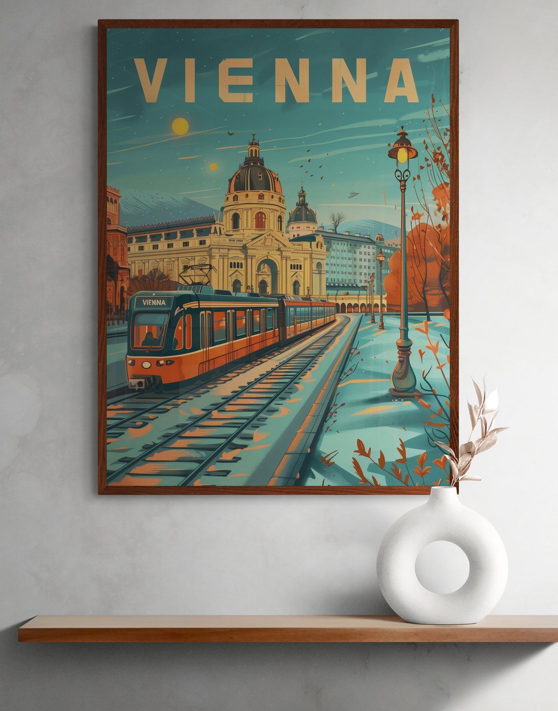 Vienna Evening Tram and Historic Dome Building Vintage Night Poster