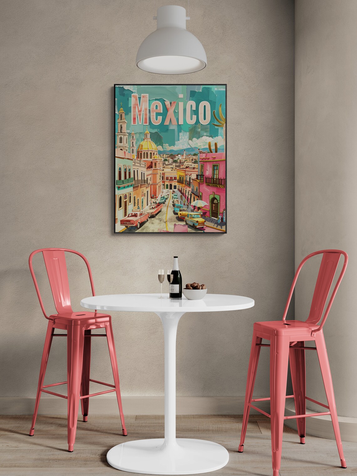 Mexico Colonial Street Cathedral Vintage Cars Collage Style Poster - Image 3