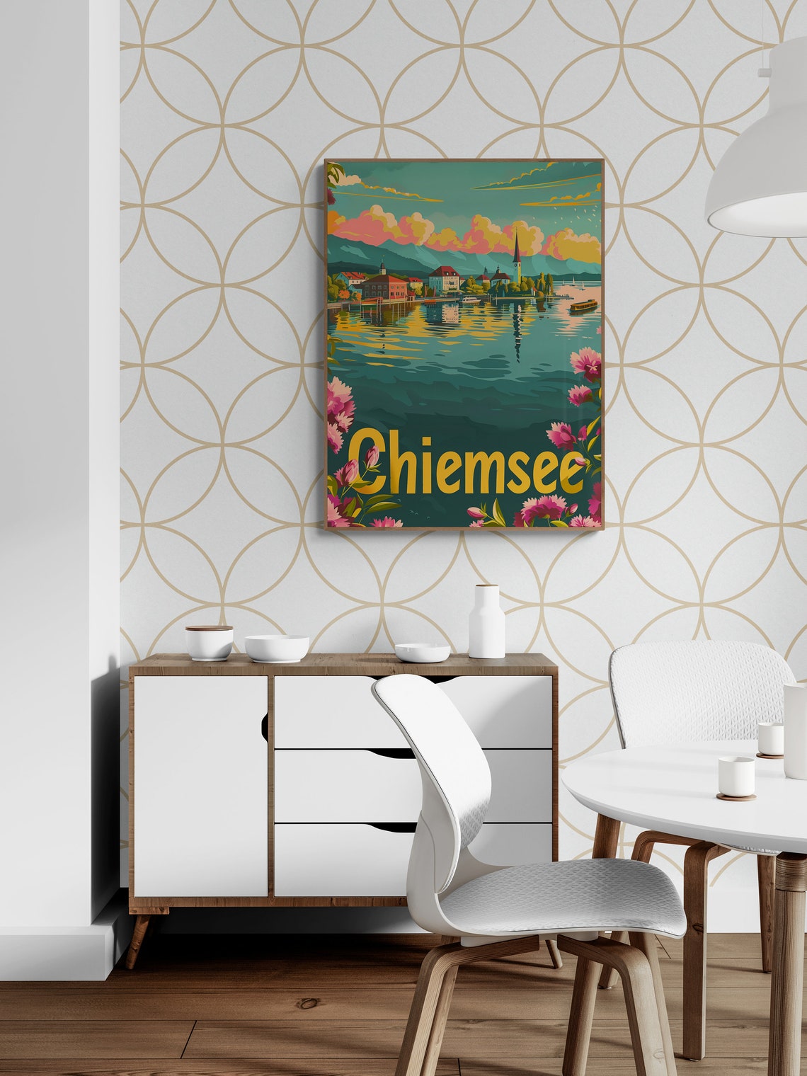 Chiemsee Lake Bavaria Village Blossom Retro Sunset Travel Poster - Image 5