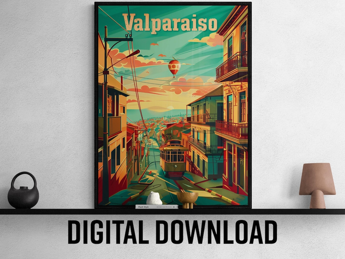 Valparaiso Chile Hillside Street Cable Car and Balloon Travel Poster